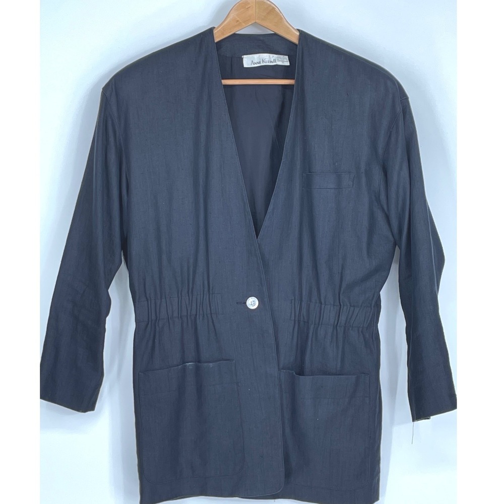 Anne Klein II Women Blazer‎ S 100% Linen Navy Blue Elastic Waist Collarless